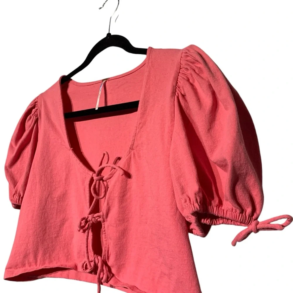 Free People Kitty Tie Front‎ Crop Top Puff Sleeve Pink Romantic M